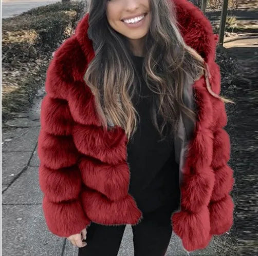 Fashion Winter Women Imitation Fox Fur Jacket Hooded Loose Long Sleeves Female Eco Fur Coat Patchwork Plush Thick Lady Fur Coat