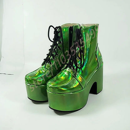 Thick Sole Round Toe Punk Party Boots 2025 New Street Rock Lace-Up Motorcycle Boots Fashion 34-48 Thick High Heel Ankle Boots