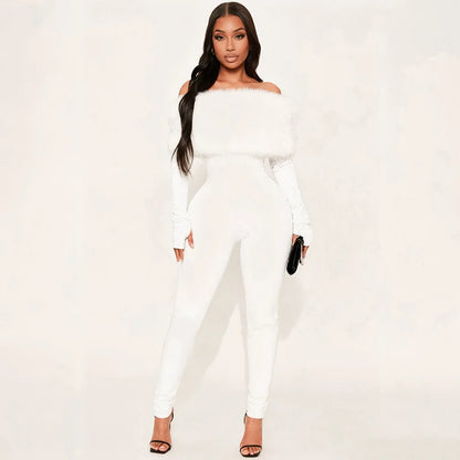 Autumn Winter Furry Long Sleeve Tight Jumpsuit Bodysuits Shapewear Fashion Slim Onesie One Piece Jumpsuits Women's Sexy Trousers