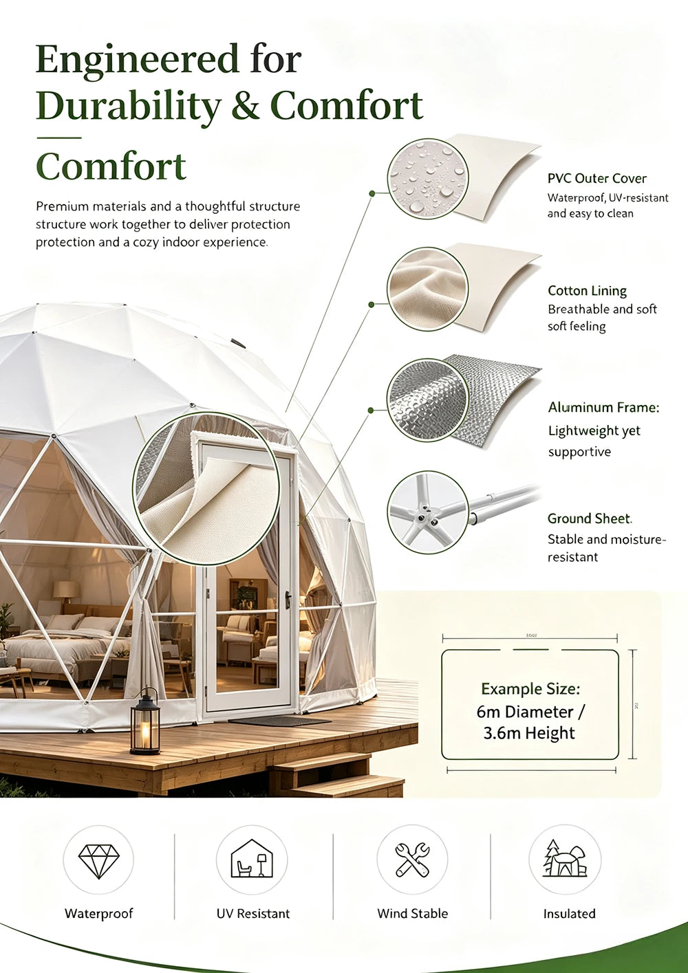 Luxury Modern Geodesic Dome Tent, PVC Canvas Cover Four‑Season Double‑Layer Waterproof for Outdoor Glamping Camping