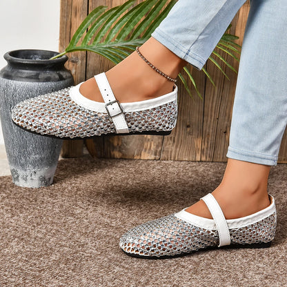 Summer Rhinestone Mesh Hollow Sandals Plus Size 43 Women Flats Shallow 2024 New Mary Jane Shoes Comfort Luxury Female Flat Shoes