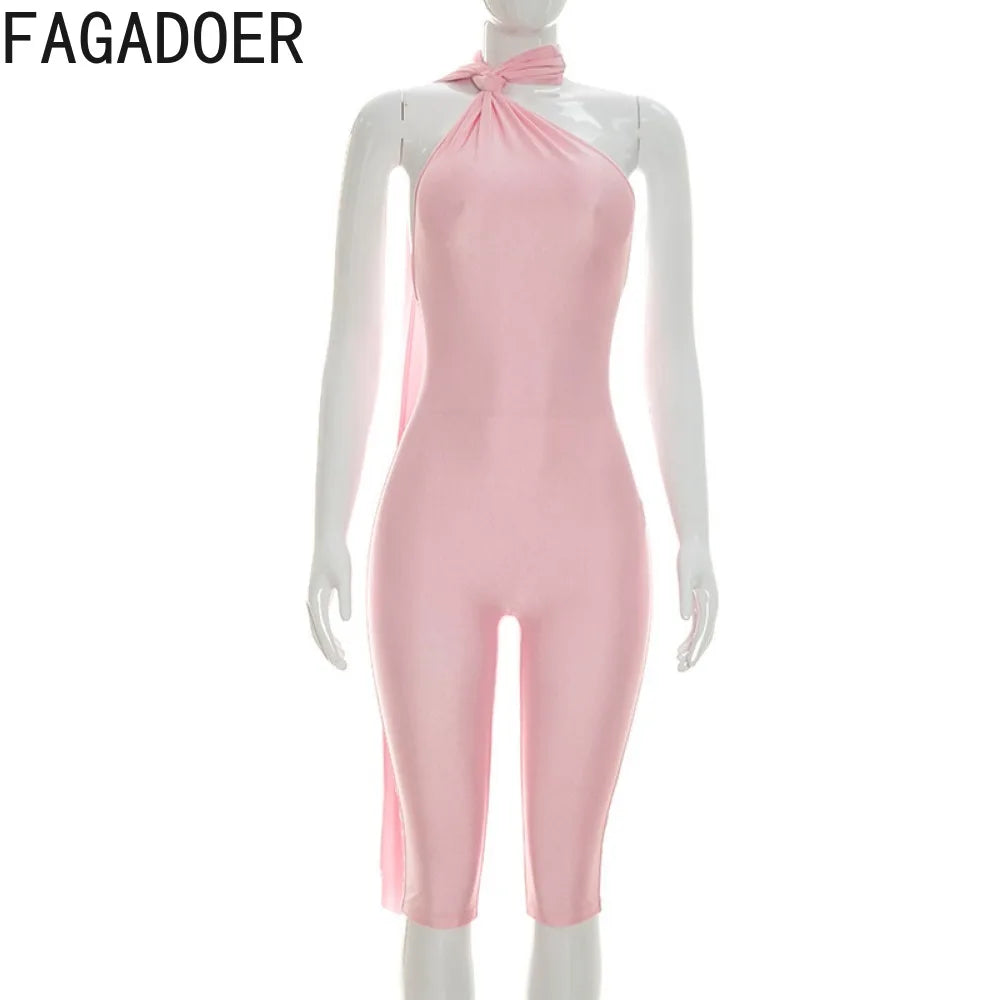 FAGADOER Sexy Halter Bandage Backless Jumpsuits Women Hip Ruched Skinny Rompers Overalls Party Slim Party Nightclub Playsuits