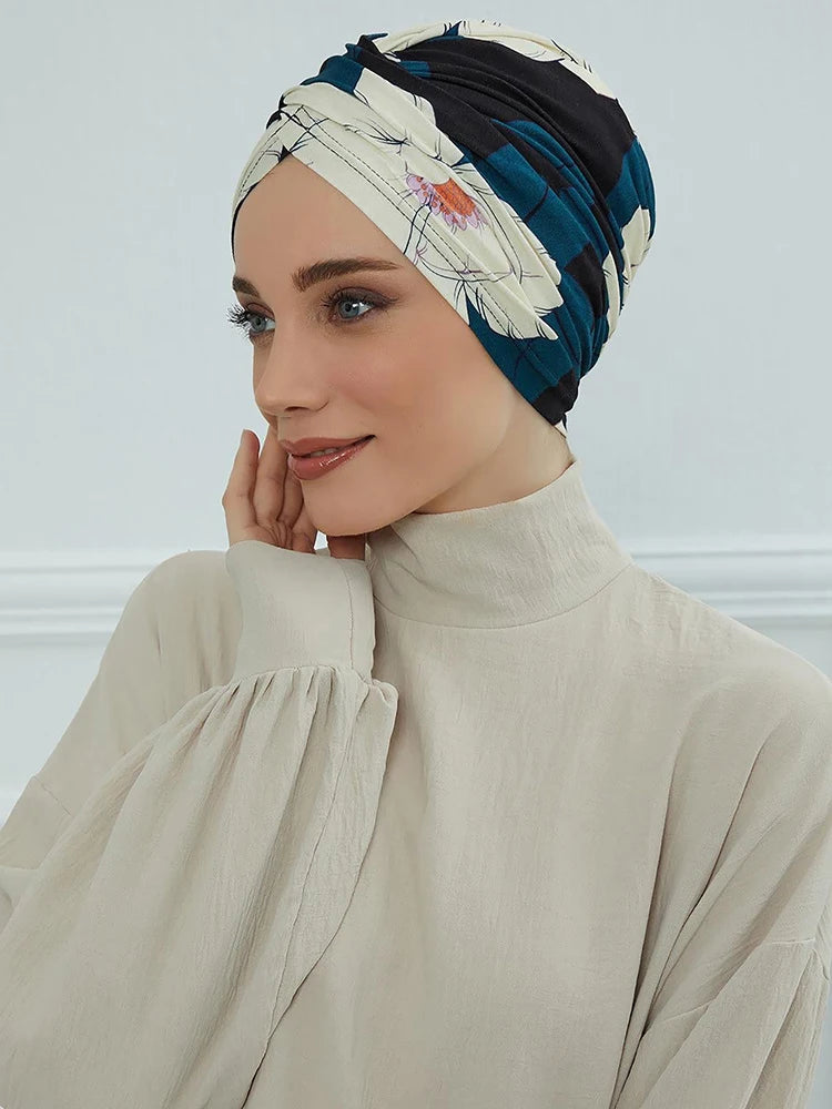 Floral Muslim Women Instant Turban Turkey Islamic Hijab Cap Headwear Arab Wrap Head Scarf Hair Accessories Hat