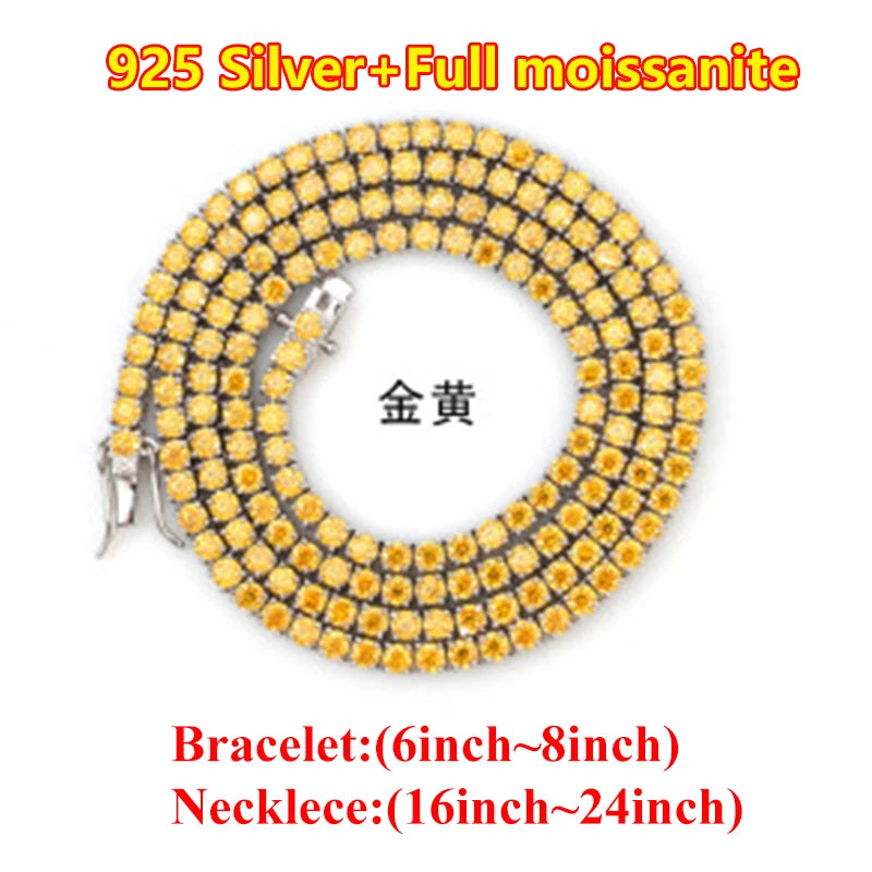 Hiphop 3-4mm Golden Yellow Moissanite Tennis Chain Bracelet Necklace S925 Silver Blue Moissanite Tennis Mecklace