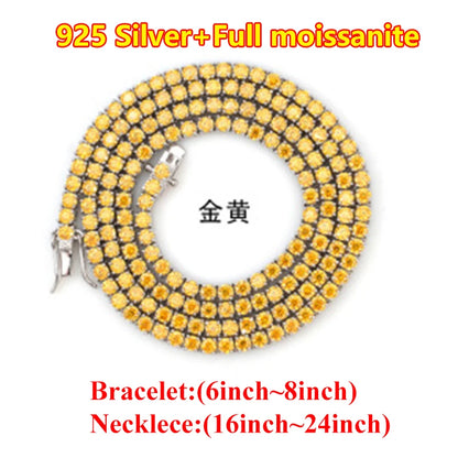 Hiphop 3-4mm Golden Yellow Moissanite Tennis Chain Bracelet Necklace S925 Silver Blue Moissanite Tennis Mecklace