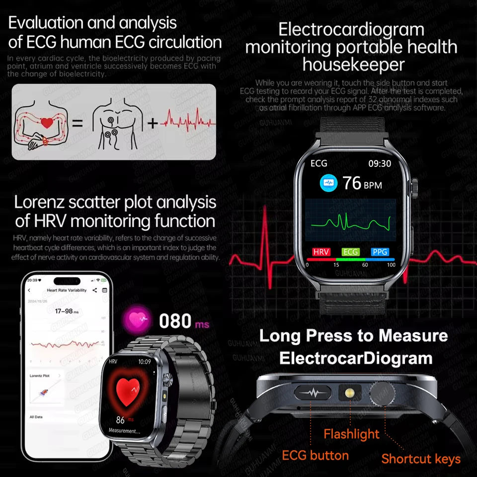 2026New ECG+PPG Clock Health Trackr 2.0 inch Uric Acid Blood lipids Pressure Smart Watch Body Analysis Voice call Smartwatch Men