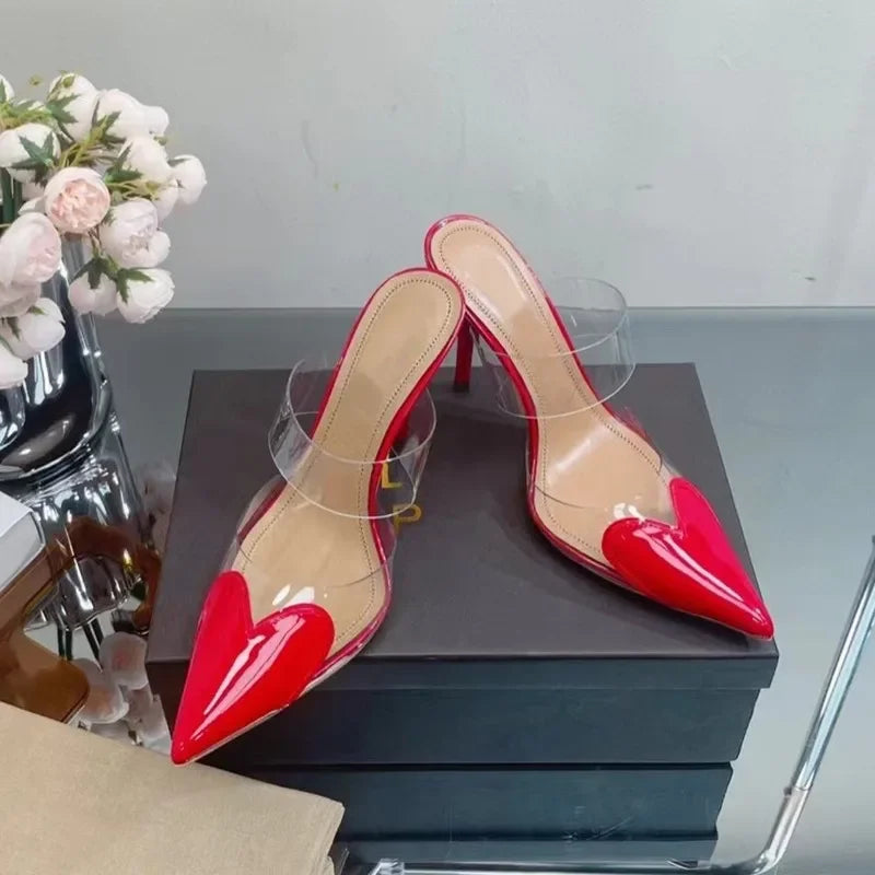 Elegant Pointed Toe Transparent PVC Heart High Heels Mules Slipper Shoes Women 2025 Black White Red Shoes Luxury Designer Pumps