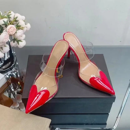 Elegant Pointed Toe Transparent PVC Heart High Heels Mules Slipper Shoes Women 2025 Black White Red Shoes Luxury Designer Pumps