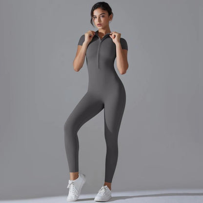Womens Jumpsuits Short Sleeve Yoga Slim Fit Stretch One Piece Romper Sexy Fitness Female Basic Sportwears Black Zipper Ladies