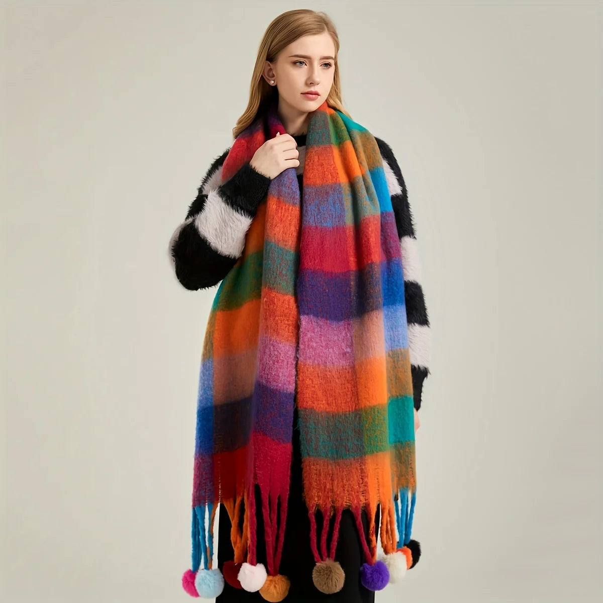 Winter Scarf Women Luxury Autumn Winter Cashmere Scarf Thickened Warm Shawl Classic Tassels Fluffy Scarf Plaid Color Soft Shawl