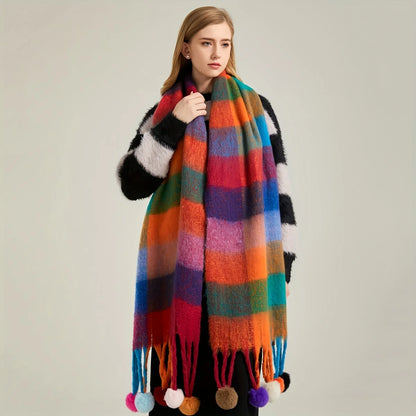 Winter Scarf Women Luxury Autumn Winter Cashmere Scarf Thickened Warm Shawl Classic Tassels Fluffy Scarf Plaid Color Soft Shawl