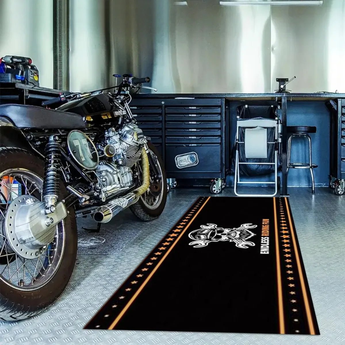 VIKAMA Skull Wrench Motorcycle Garage Mat Oil Resistant Wear-Resistant Racing Display Carpet for Workshop Home Decor