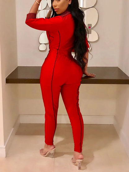 Solid Zipper 3/4 Sleeve Skinny Jumpsuit, Sports Long Length Sexy Party Jumpsuit, Women's Clothing