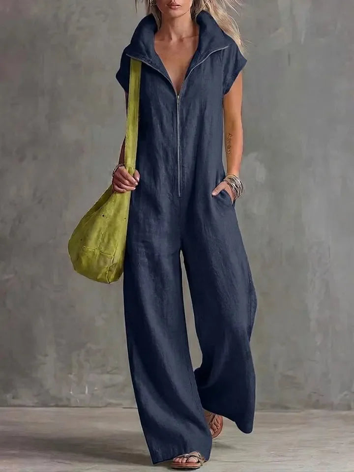 Summer New Fashion Zipper Lapel Short-sleeved Loose Women's Jumpsuit 2026 Loose Simple Pocket Casual Vacation Female Jumpsuit