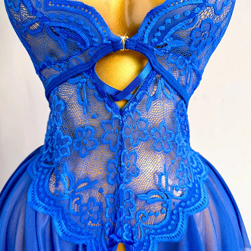 Sexy Crotchless Lingerie Women Lace Hollow Bodysuit Pajamas Teddy Babydolls Deep V Underwear