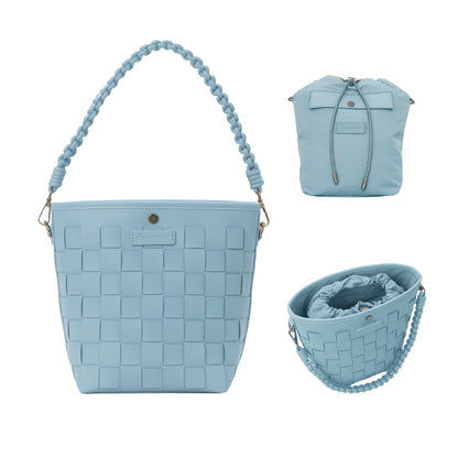 Besnfoto Camera Bag Stylish Woven Leather Shoulder Bucket Bag with Detachable Drawstring Pouch Removable Strap Vintage Crossbody Handbag Case for DSLR Mirrorless Camera Lens Sony Canon Nikon Women