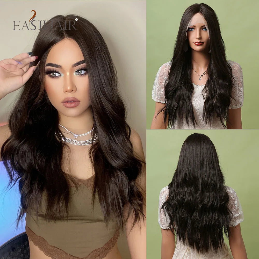 EASIHAIR Lace Front Hair Wigs Brown Long Straight Synthetic Lace Wigs for Black Women Daily Cosplay Party Heat Resistant Fibers