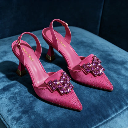 Women Green Satin Slingback High Heels Pointed Toe Emerald Crystal Rhinestone Sandals Wedding Evening Party Formal Dress Pumps