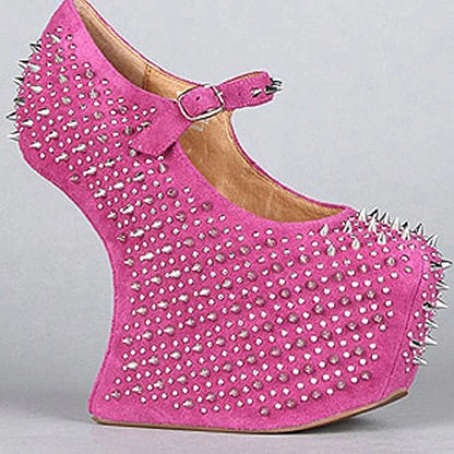 Silver Glitter Rivet Zipper Pumps Wedge Peep Toe Platform Cut Out Fashion Sexy Cool Western Summer Woman Shoes Zapatillas Mujer