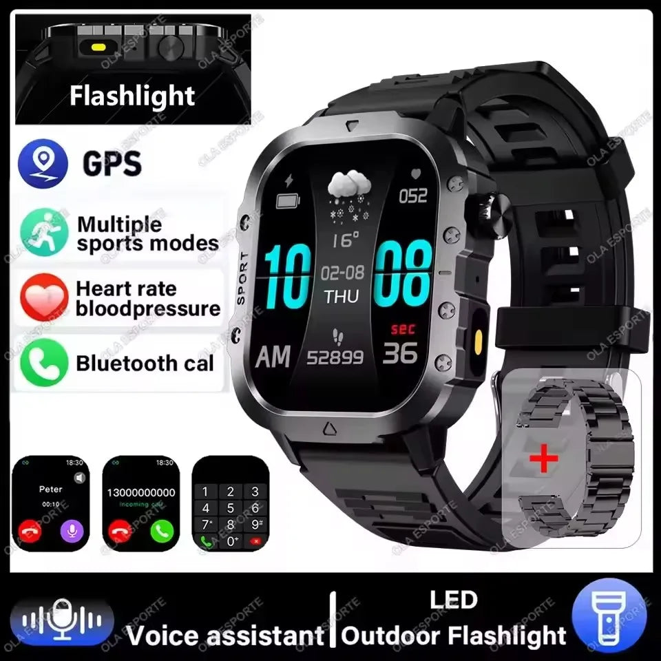 2026 New Military Smart Watch Men 3ATM Outdoor Sports Fitness Tracker Blood Pressure Health Monitoring BT Call GPS Smartwatch