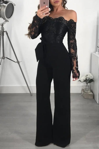 Womens Elegant Off Shoulder Long Pants Wide Leg Jumpsuits Floral Embroidery Lace See Through Cocktail Club Party Evening Rompers