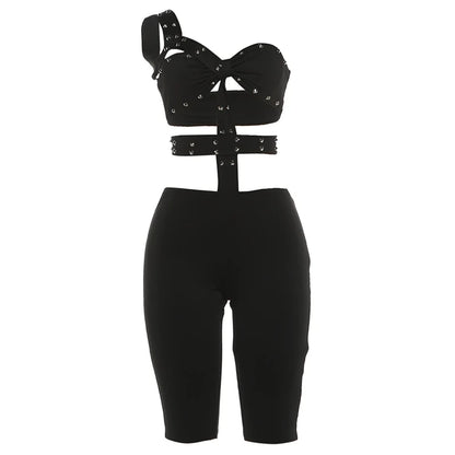 Sisterlinda Rivet Sexy Halter Romper Women Backless Sleeveless Irregular Waistless Summer Sexy Skinny Club Midnight Playsuits
