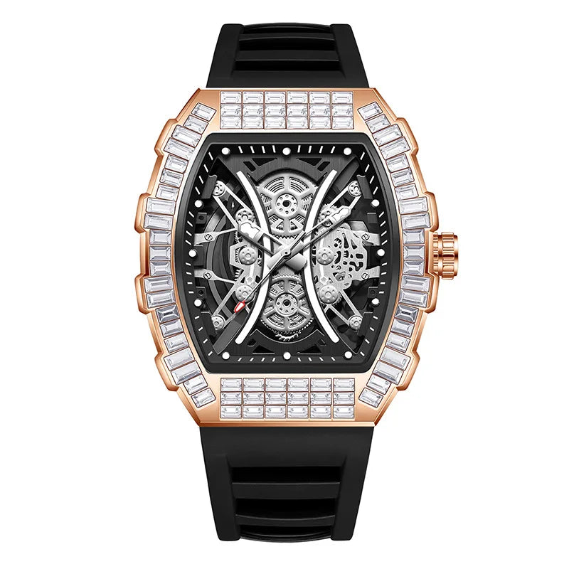 Classic Tonneau Full Diamond Case Quartz Watch Mens Fashion Top Casual Dial Rubber Personalize Watches  AAA Male Clock Relogio