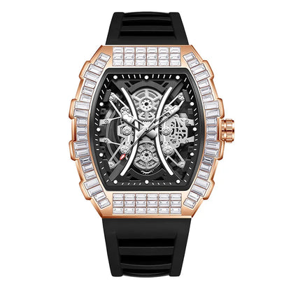 Classic Tonneau Full Diamond Case Quartz Watch Mens Fashion Top Casual Dial Rubber Personalize Watches  AAA Male Clock Relogio
