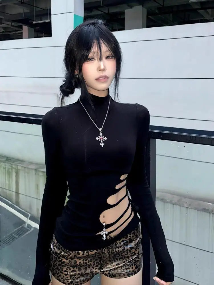 Erwofeina Hotsweet T-shirt Hollow Out Slim Long Sleeve 2000s Clothes Y2k Korean Fashion Woman Clothing Turtleneck Chic  Tops