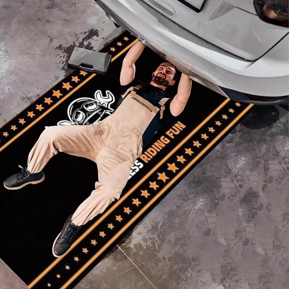 VIKAMA Skull Wrench Motorcycle Garage Mat Oil Resistant Wear-Resistant Racing Display Carpet for Workshop Home Decor