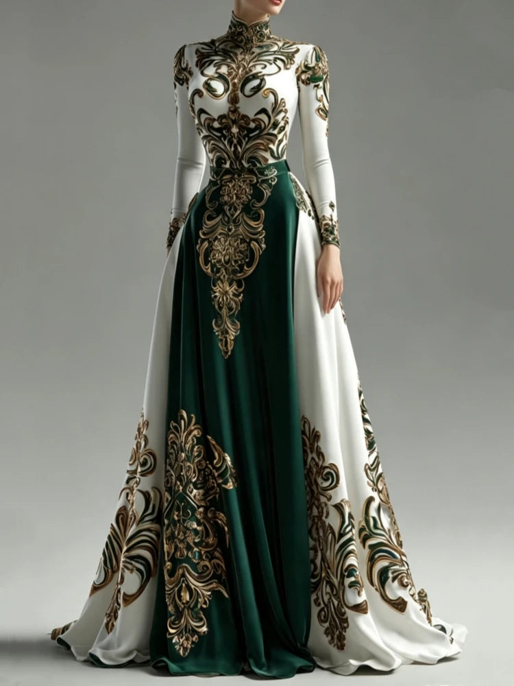 Luxury Turtleneck Long Sleeve Evening Gown White Green Gold Printed Satin Ball Gown Long Train Formal Party Wedding Guest Dress