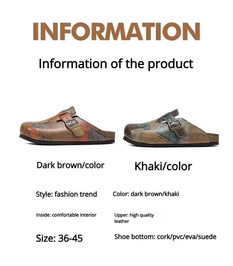 Unisex Cork Closed Toe Slippers Slip-on Clogs Slides Fashion Leather Sandals with Adjustable Buckle Backless Comfort Footbed