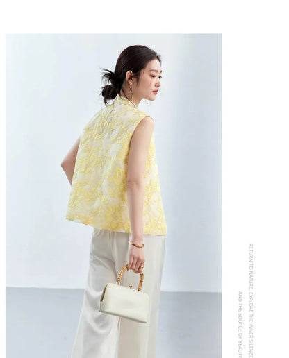 VIMLY Women's Vest 2026 Summer Casual Yellow Floral Embroidery Stand Collar New Chinese Style Sleeveless Jacket Ladies A5251
