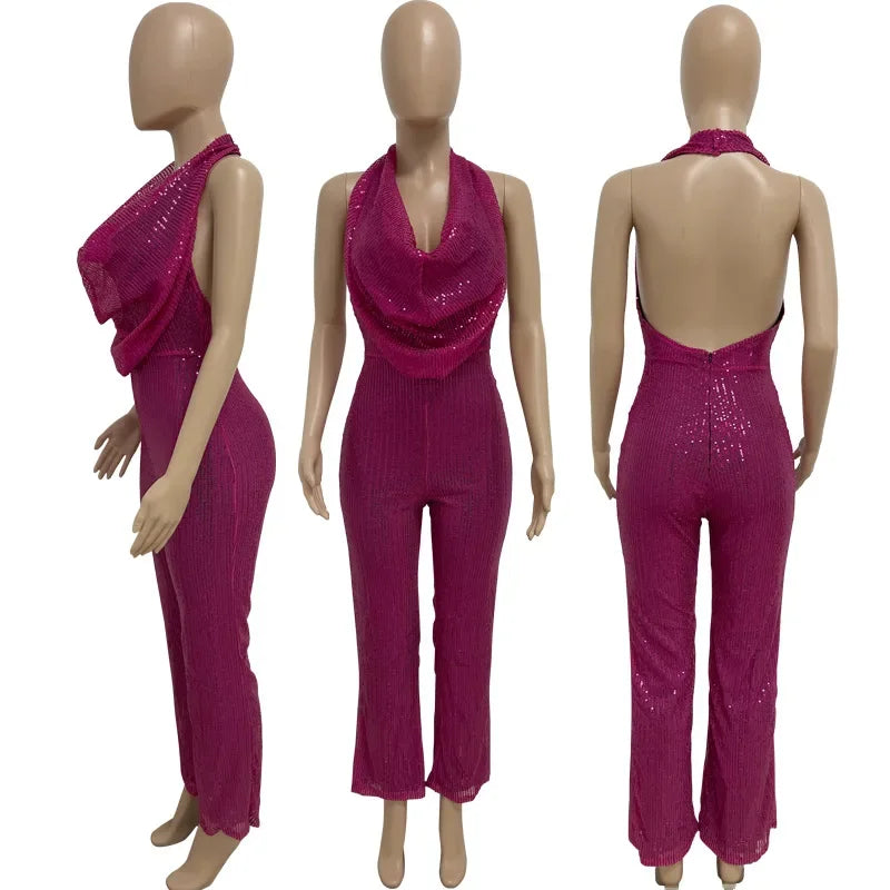 2026 Sequin Party Jumpsuit Women Sexy Club Glitter Overalls Rompers Bodysuit V-neck Long Pants Y2k Elegant Backless One Piece