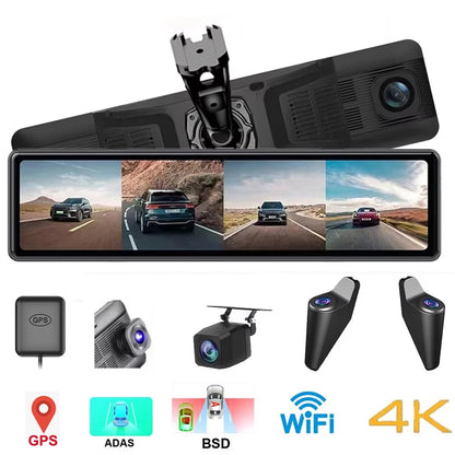 12''Rear View Mirror Camera 4-Channel Mirror Streaming with GPS BSD Blind Spot Detection 4K Front Lens+FHD1080Px3 Reverse Assist