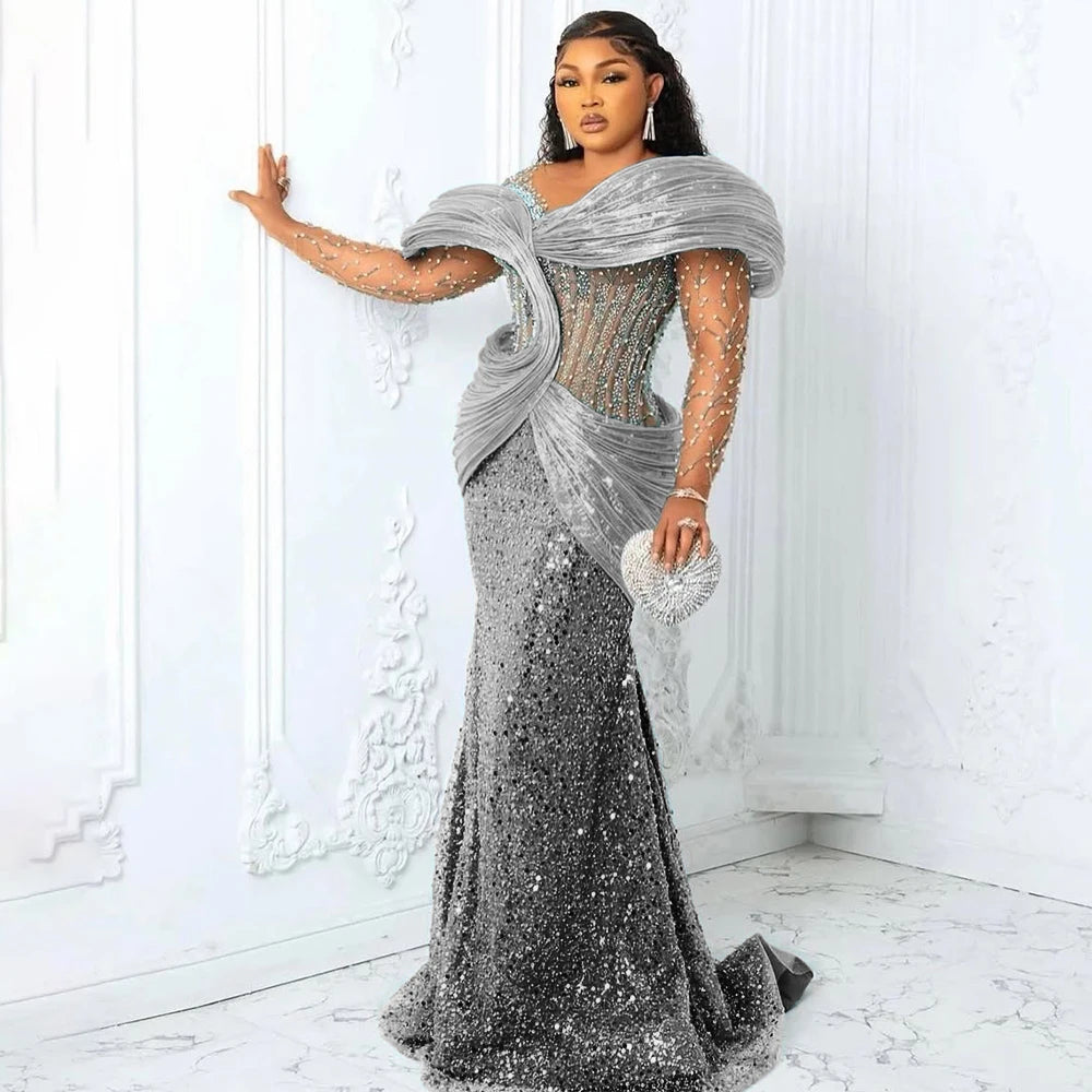 Customized Blue African Prom Dresses Plus Size 3D Pleated Off the Shoulder Evening Gowns Aso Ebi Style Wedding Reception Dress