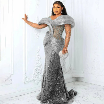 Customized Blue African Prom Dresses Plus Size 3D Pleated Off the Shoulder Evening Gowns Aso Ebi Style Wedding Reception Dress