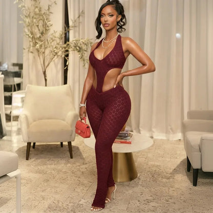 Woman Halter See Through Sexy Lace Hollow-out Patchwork Bodycon Jumpsuits  Backless Rompers Female Streetwear Overalls