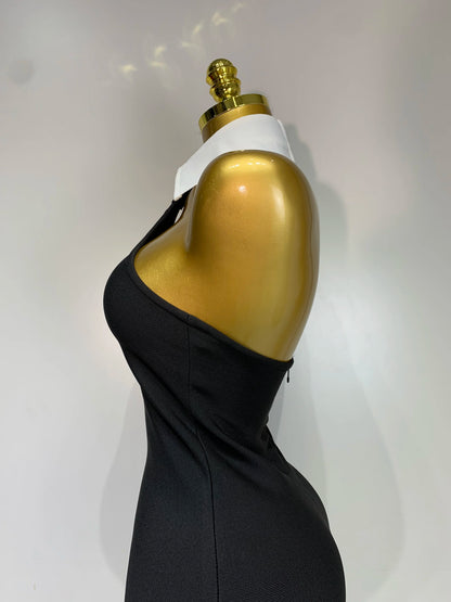 Women Sexy Backless White Shirt Collar Black Mini Bodycon Bandage Dress 2025 Elegant Evening Club Party Luxury Birthday Dresses