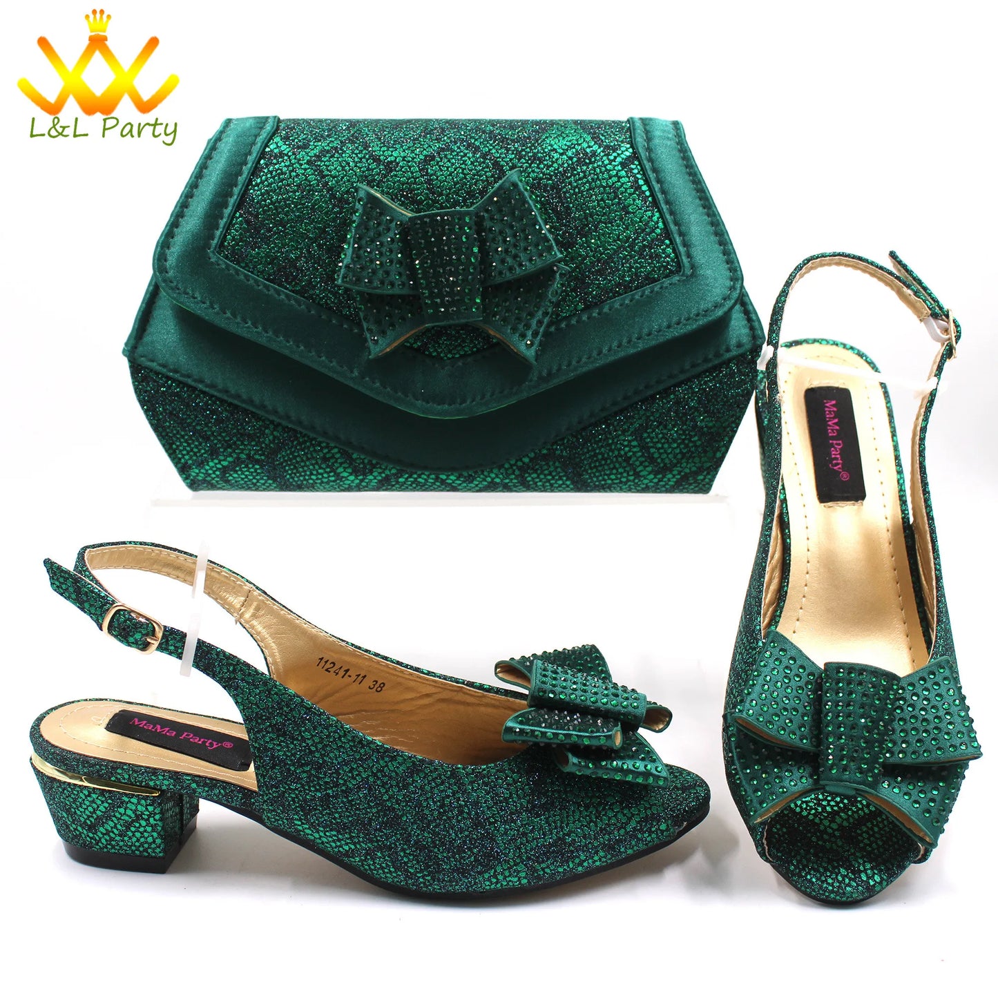Pink New Arrivals Nigerian Women Shoes and Bag Set Italian Design Low Heels with Crystal Peep Toe Sandals for Party