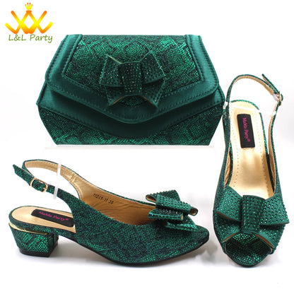 Pink New Arrivals Nigerian Women Shoes and Bag Set Italian Design Low Heels with Crystal Peep Toe Sandals for Party