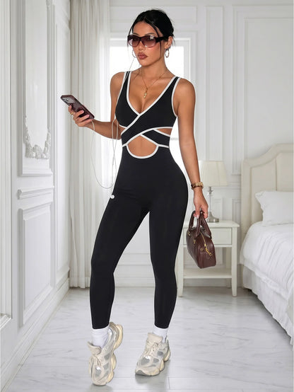 Women Criss Cross Cutout Contrast Piping Workout Jumpsuit Sleeveless Sculpting Yoga Bodysuit