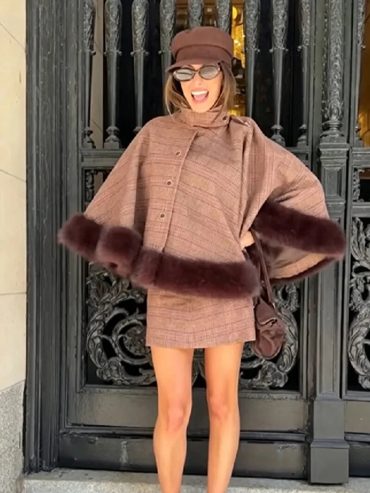 Elegant Plaid Cape Skirt 2 Piece Set Women Chic High Waist Single Breasted Faux Fur Hem Shawl Coat Suit Fall Winter Party Outfit