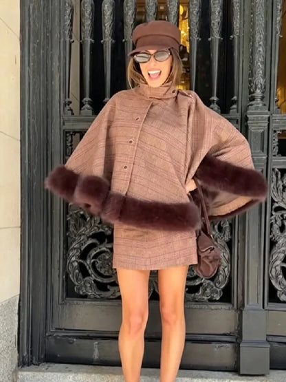 Elegant Plaid Cape Skirt 2 Piece Set Women Chic High Waist Single Breasted Faux Fur Hem Shawl Coat Suit Fall Winter Party Outfit