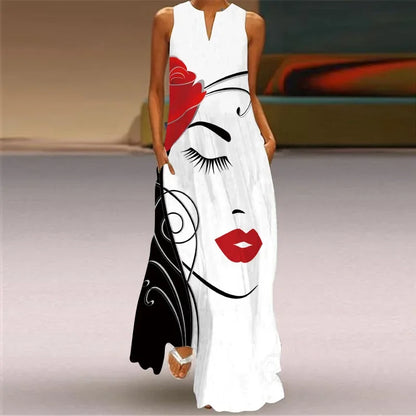 Elegant Sleeveless Women Dress Summer Vintage Print Loose Long Maxi Dresses Lady V Neck Pocket Sundress Femme Vestido Plus Size