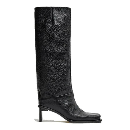 2026New Fashionable Square Head High Heels Women's Knee Length Boots with Side Zipper Stone Pattern Women's Mid Length Boots