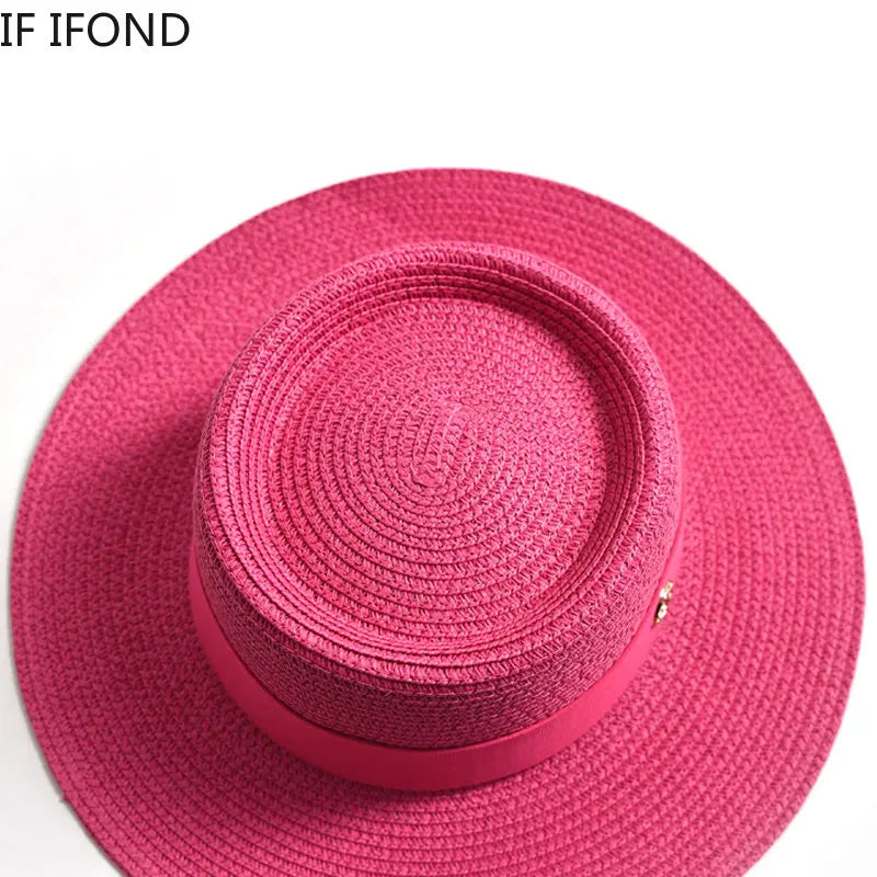 New Summer Straw Sun Hats for Women Ladies Fashion Flat Brim Ribbon Beach Hat Travel Dress Cap Chapeau Femme
