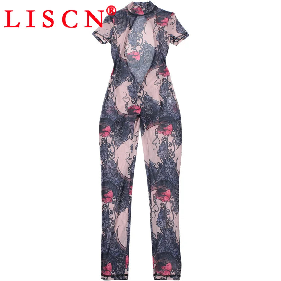 10 Wholesale Items Jumpsuits Women Summer 2025 Short Sleeve Bodycon Sexy Y2k Printing Mesh See Through Backless Rompers K15151
