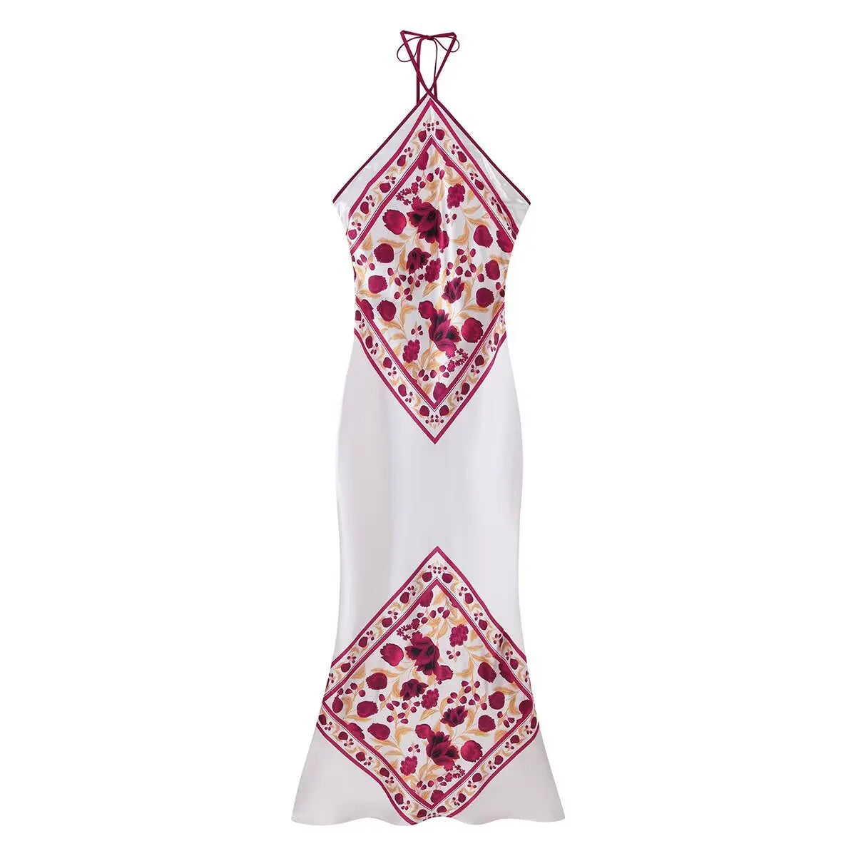 Y2K Hot Girl Tie Halter Satin Mermaid Maxi Dress Floral Scarf Print Backless Bodycon Vacation Women Slip Summer Evening Dresses
