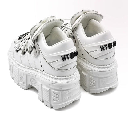 Gothic Ankle Rock Boots Women Shoes White Leather Platform New Punk Style Lace-up Heel Height Shoes Metal Decor Woman Sneakers